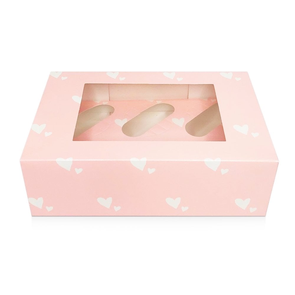 Pink With White Hearts Satin Cupcake Box With Window
