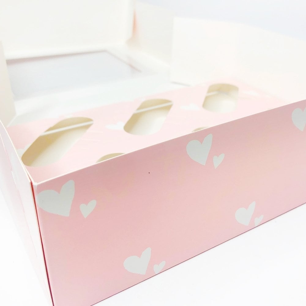 Pink With White Hearts Satin Cupcake Box With Window