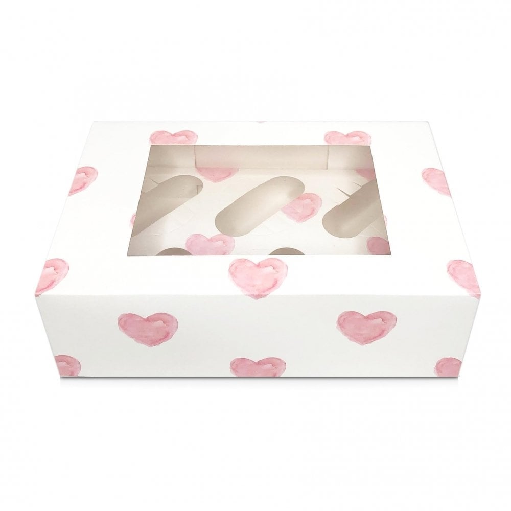 White With Pink Hearts Satin Cupcake Box With Window - Holds 6