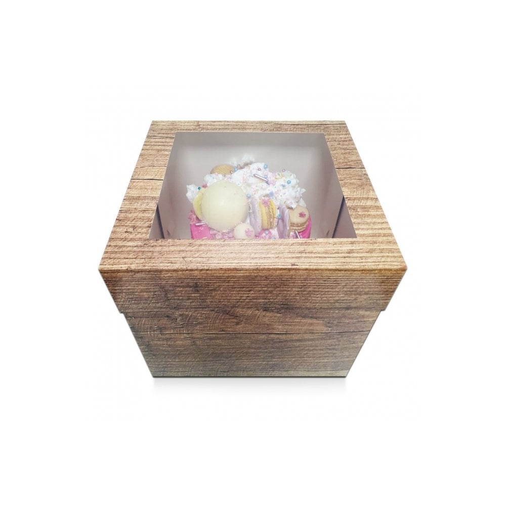 Box of 25 - Wood Effect Luxury Gloss Finish Extra Deep Cake Box With Window