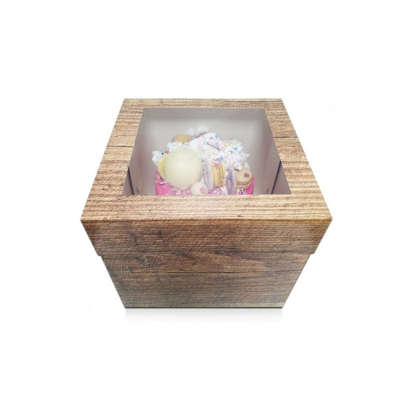 Box of 25 - Wood Effect Luxury Gloss Finish Extra Deep Cake Box With Window