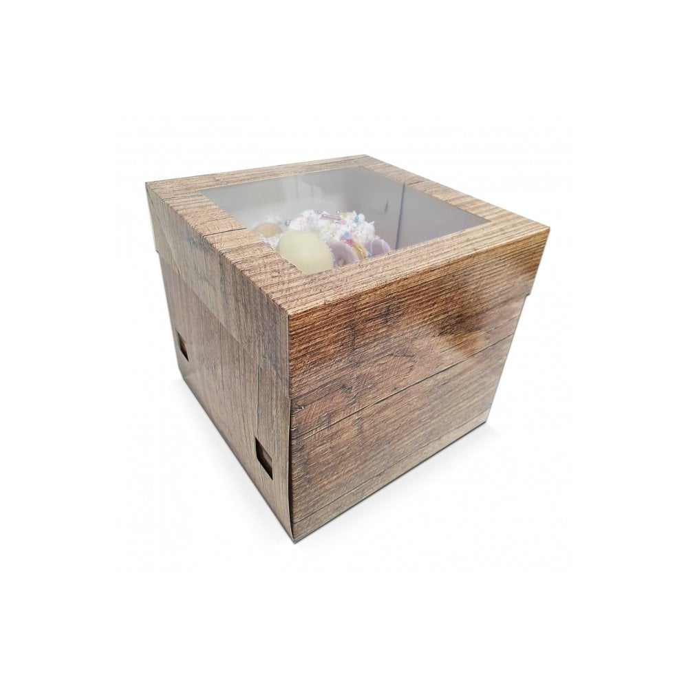 Box of 25 - Wood Effect Luxury Gloss Finish Extra Deep Cake Box With Window