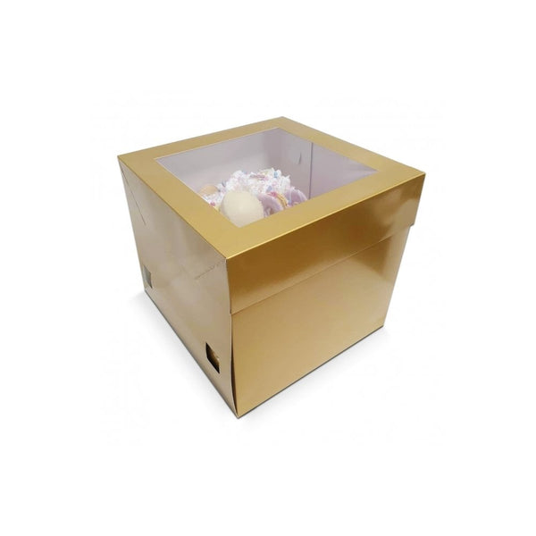 Box of 25 - Antique Gold Luxury Gloss Finish Extra Deep Cake Box With Window