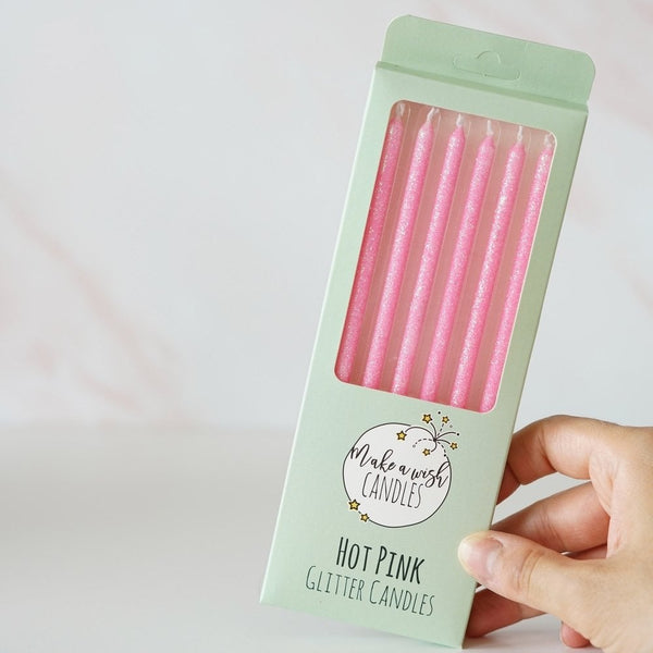 Tall Hot Pink Glitter Candles x 6
