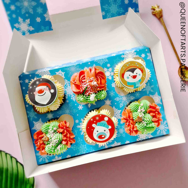 Holds 6 Blue Snowflake Satin Cupcake Box