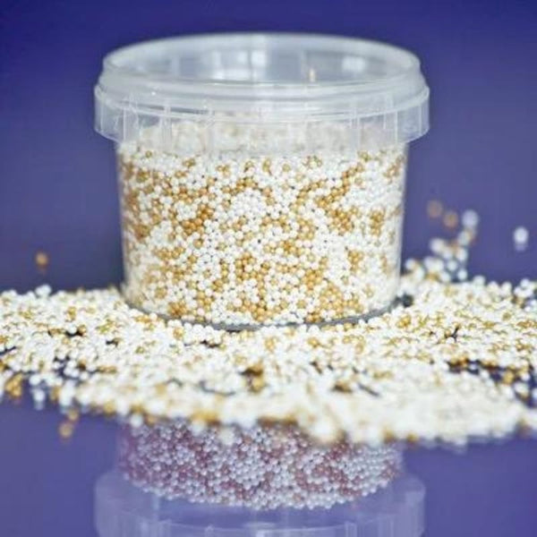 2mm Shimmer Pearl & Gold Non-Pareil Sugar Pearls (V) 100g