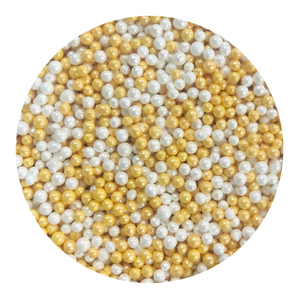 2mm Shimmer Pearl & Gold Non-Pareil Sugar Pearls (V) 100g