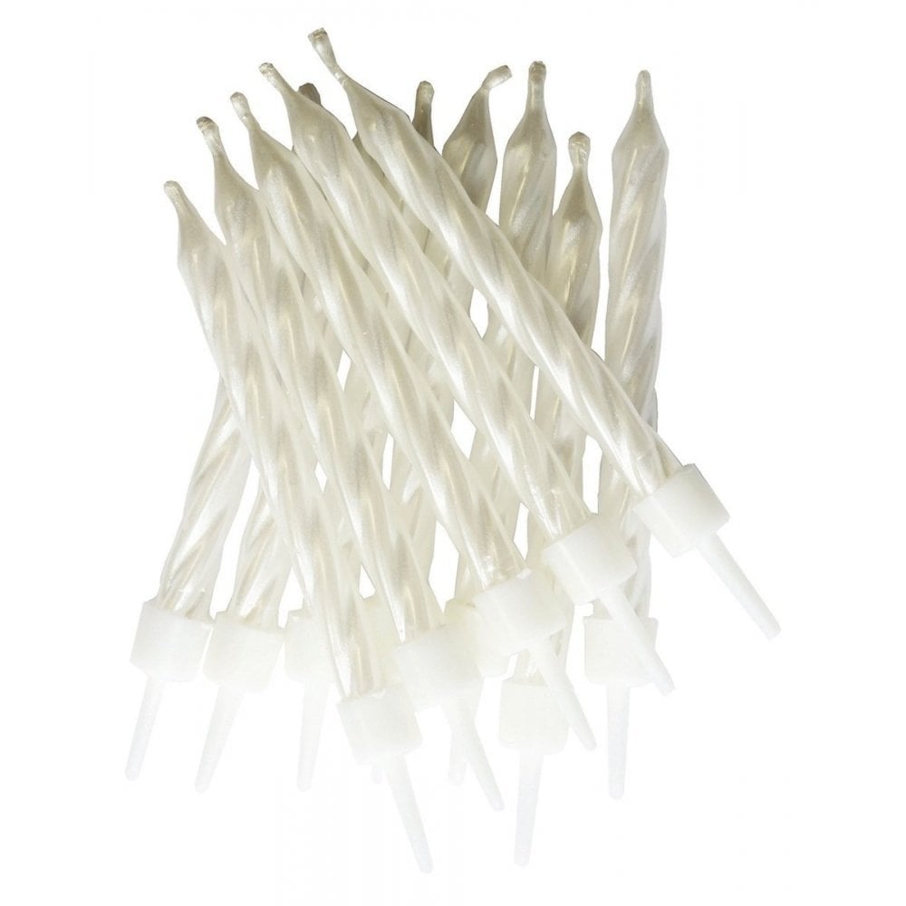 White Pearlescent Spiral Cake Candles With Holders x 12