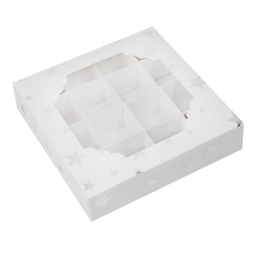 Box of 100 - White & Silver Stars Window Treat Boxes & Inserts (16 Cavity)