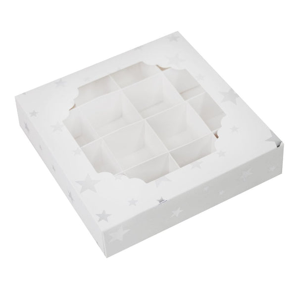 Box of 100 - White & Silver Stars Window Treat Boxes & Inserts (16 Cavity)