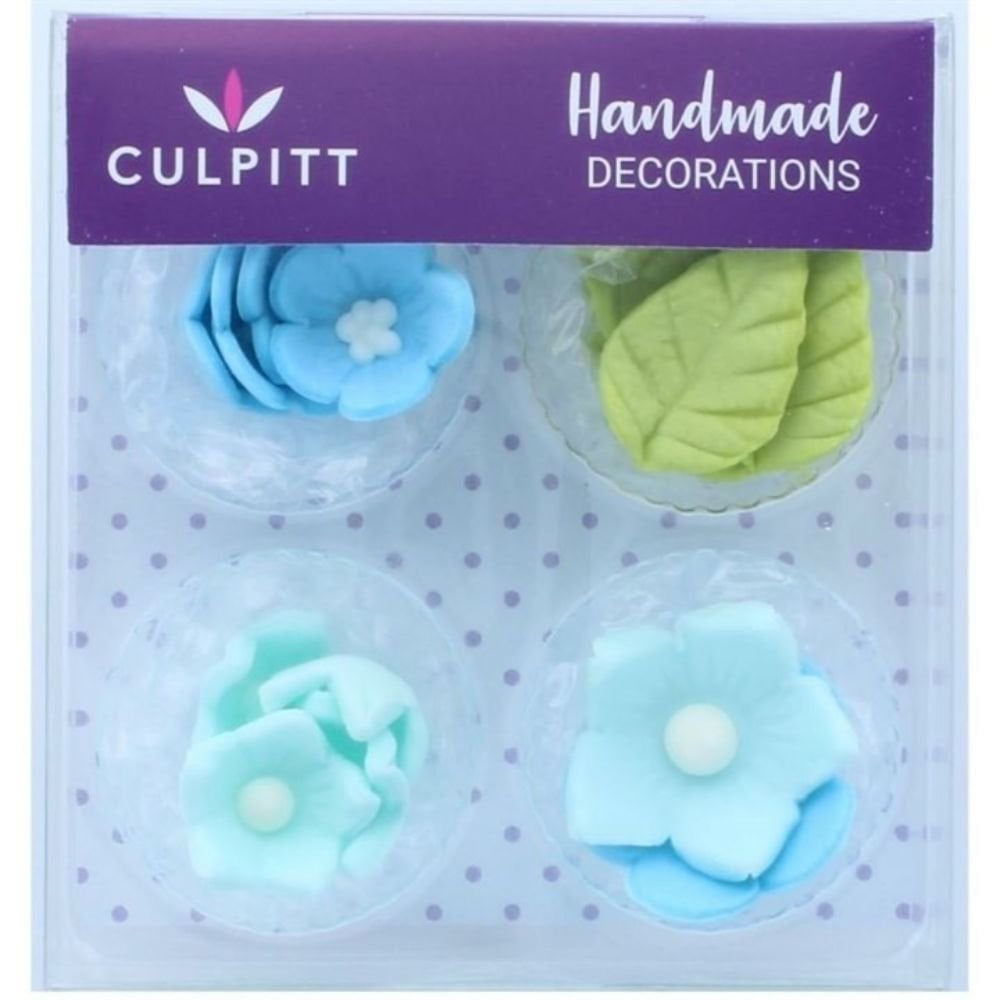 Blue Flower & Leaves Edible Toppers (16 Pieces)