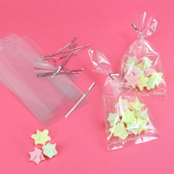 Clear Party Bags With Silver Twist Ties Pack Of 25